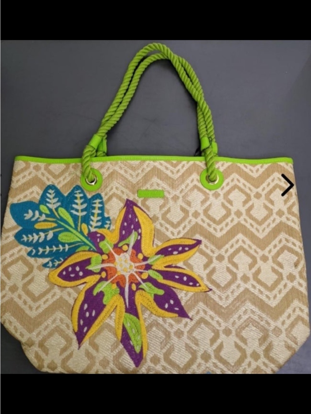 Floral Embroidered Straw Tote Bag in Lime Green Trim